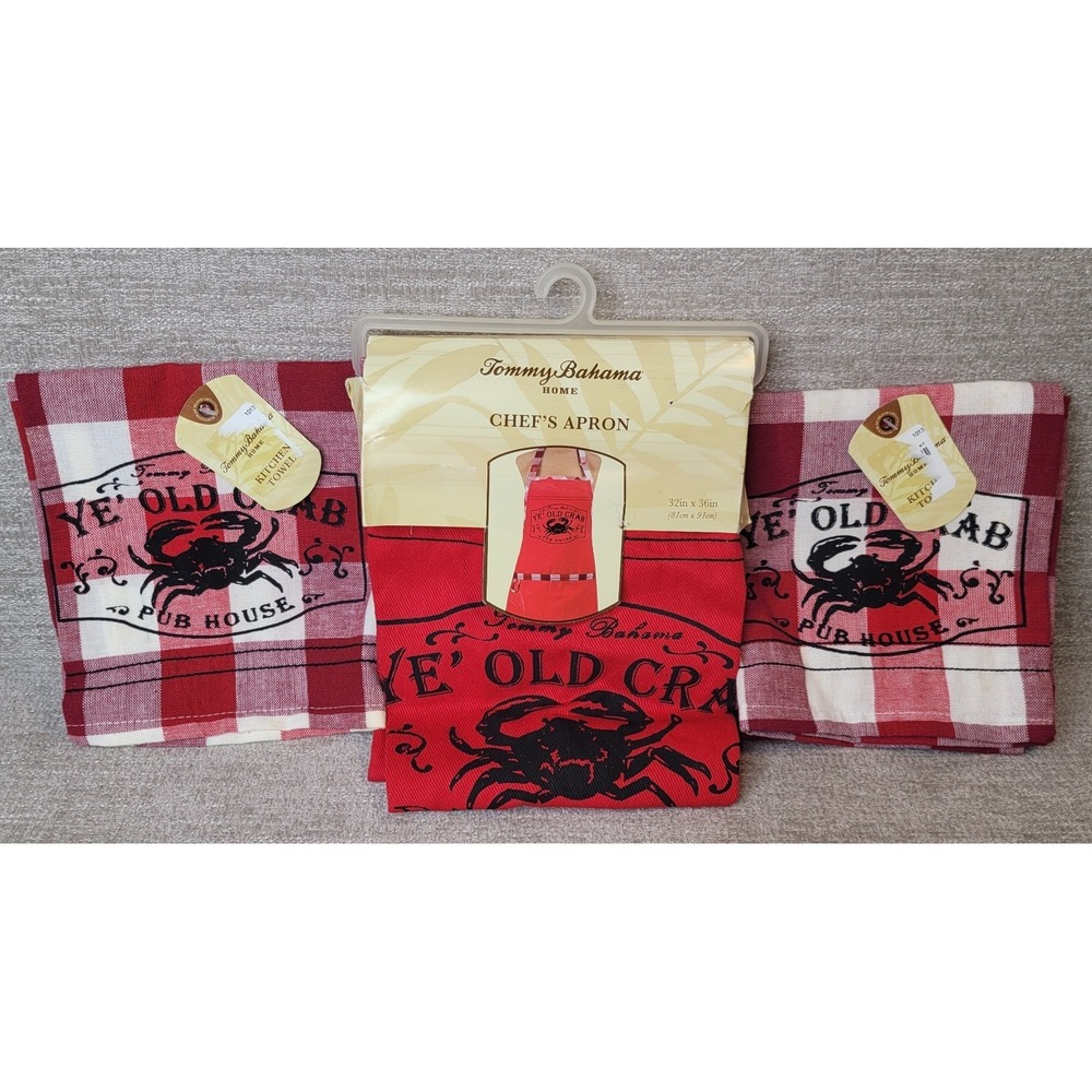 Tommy Bahama Red White Ye Old Crab Griller Apron & Kitchen Towels NEW OLD STOCK